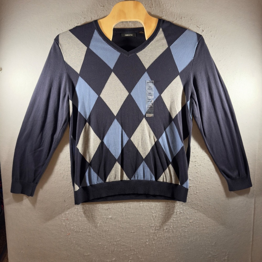 1719 | NWT Claiborne Argyle V-Neck Academic Knit Sweater Navy Blue Mens XXL